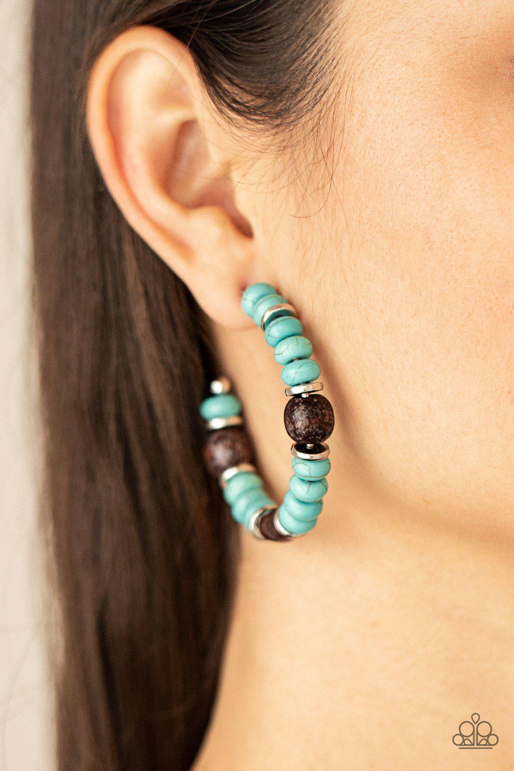 Definitely Down-To-Earth Turquoise Blue Stone and Wood Hoop Earrings - Paparazzi Accessories- on model - CarasShop.com - Paparazzi Jewelry by Cara Jewels