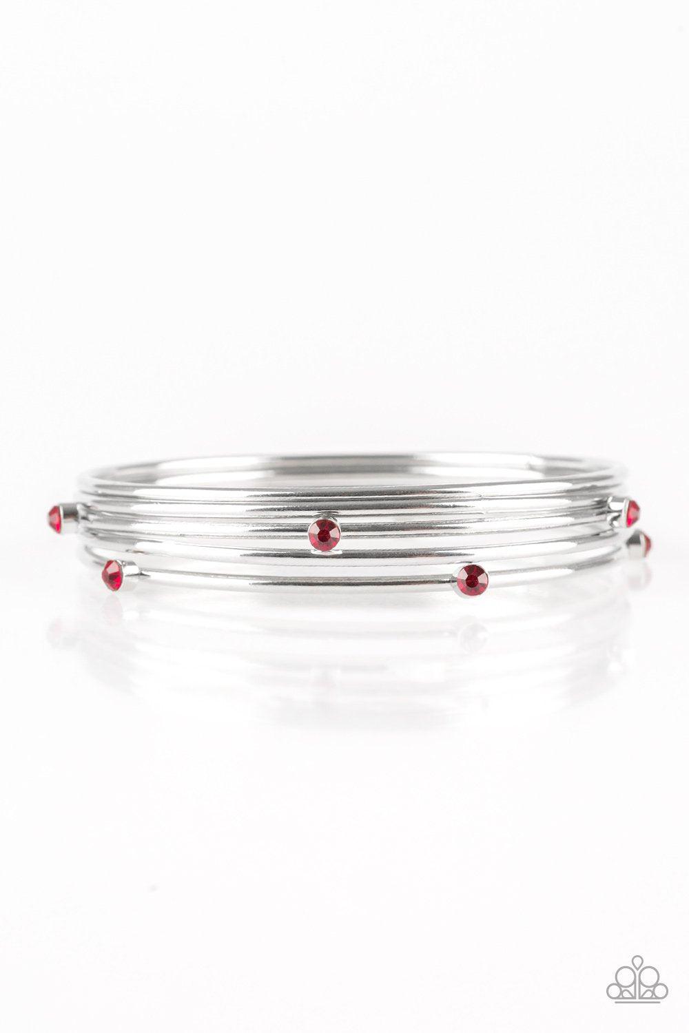Delicate Decadence Red Rhinestone and Silver Bangle Bracelet Set - Paparazzi Accessories- lightbox - CarasShop.com - Paparazzi Jewelry by Cara Jewels