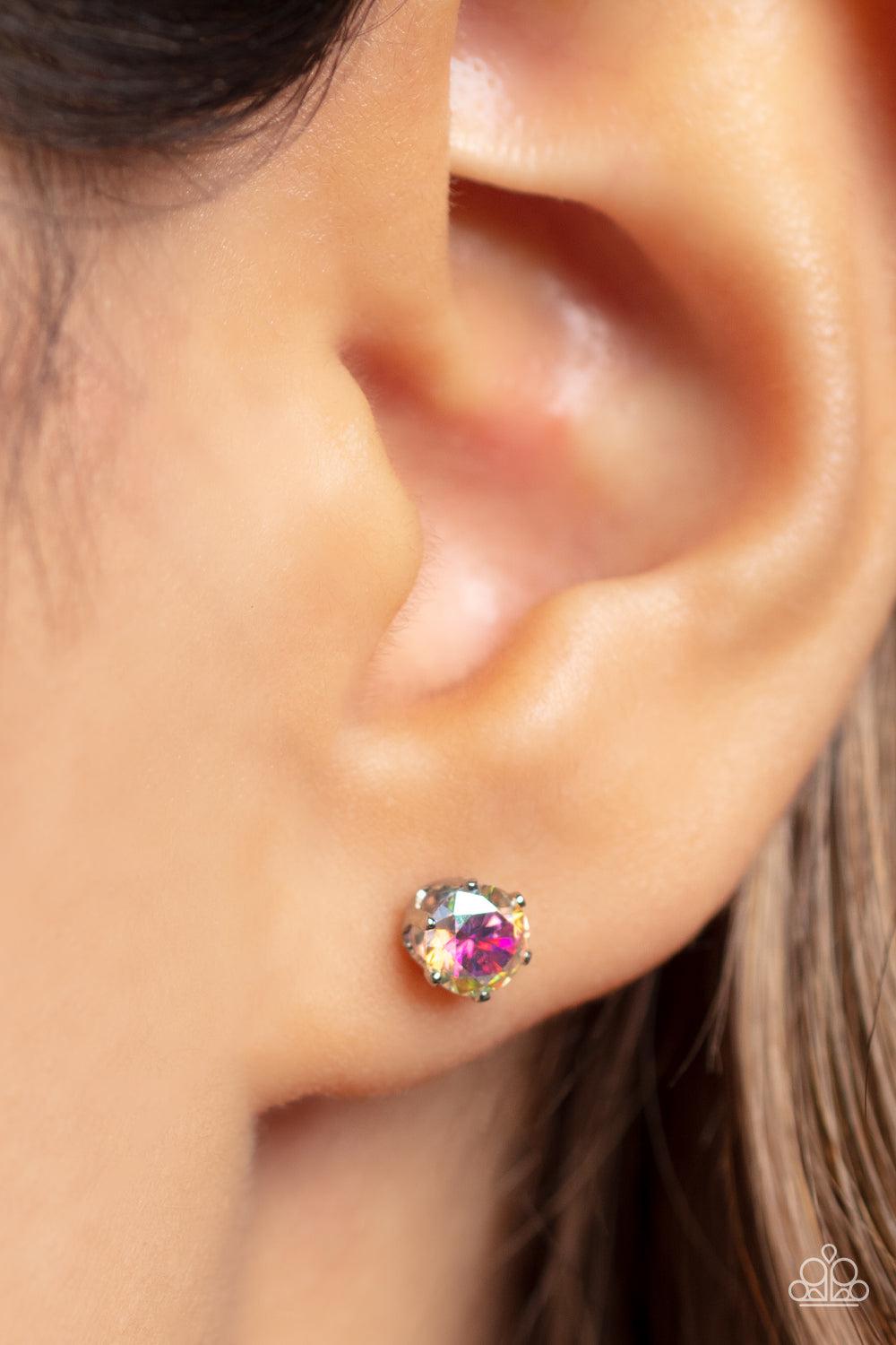 Delicately Dainty Multi Iridescent Gem Post Earrings - Paparazzi Accessories- on model - CarasShop.com - Paparazzi Jewelry by Cara Jewels