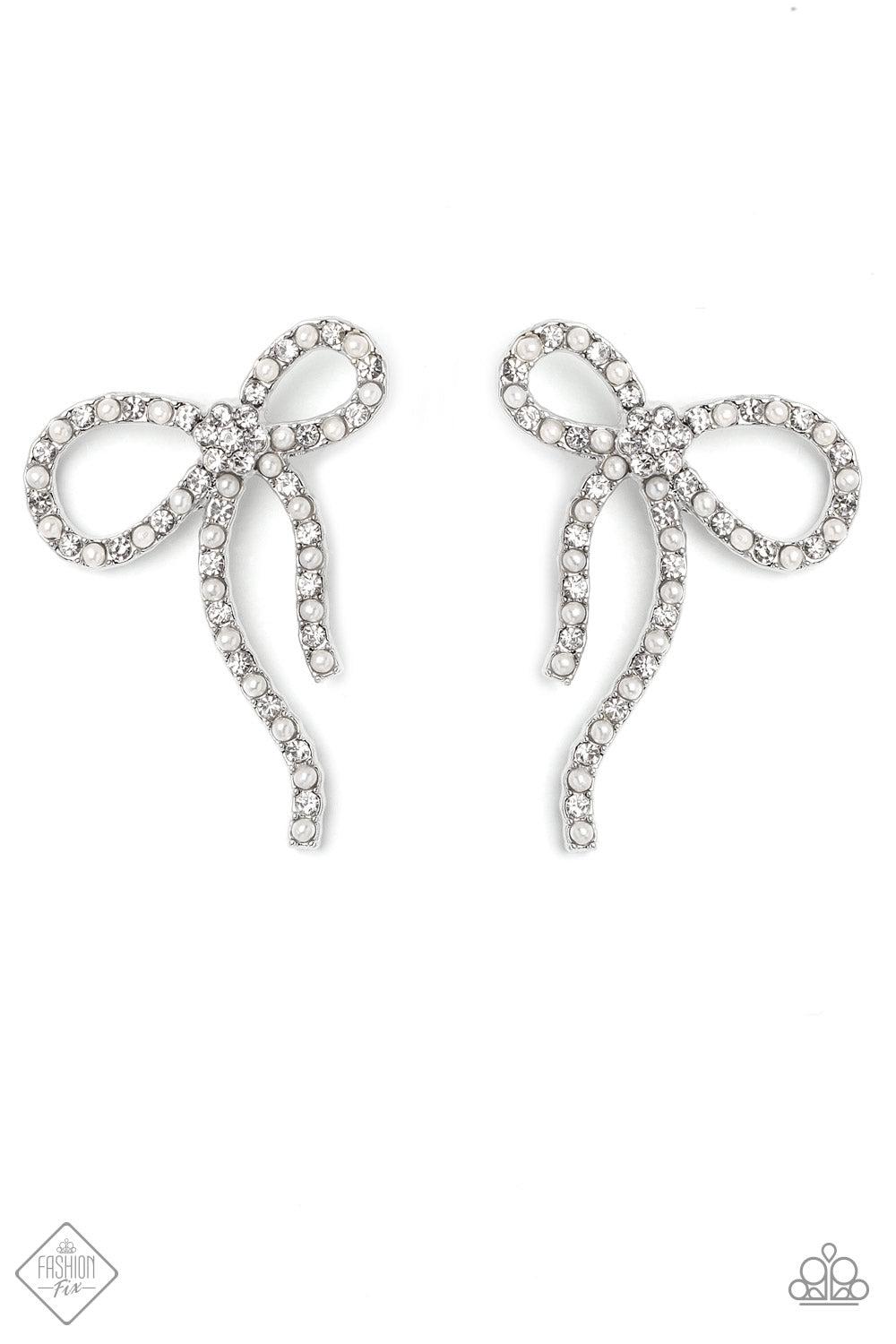 Deluxe Duet White Pearl & Rhinestone Bow Earrings - Paparazzi Accessories- lightbox - CarasShop.com - Paparazzi Jewelry by Cara Jewels