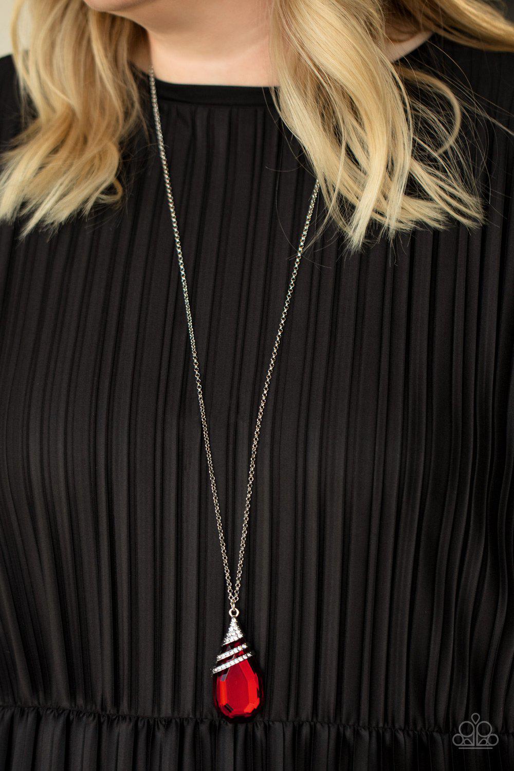 Demandingly Diva Red and White Rhinestone Pendant Necklace - Paparazzi Accessories- on model - CarasShop.com - Paparazzi Jewelry by Cara Jewels