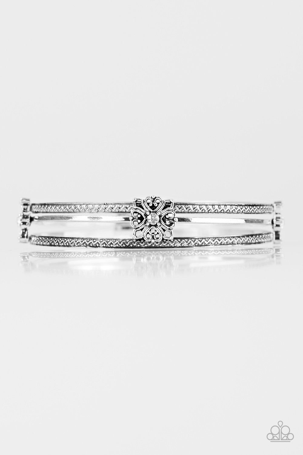 Demure Decor White Rhinestone and Silver Bangle Bracelet Set - Paparazzi Accessories- lightbox - CarasShop.com - Paparazzi Jewelry by Cara Jewels