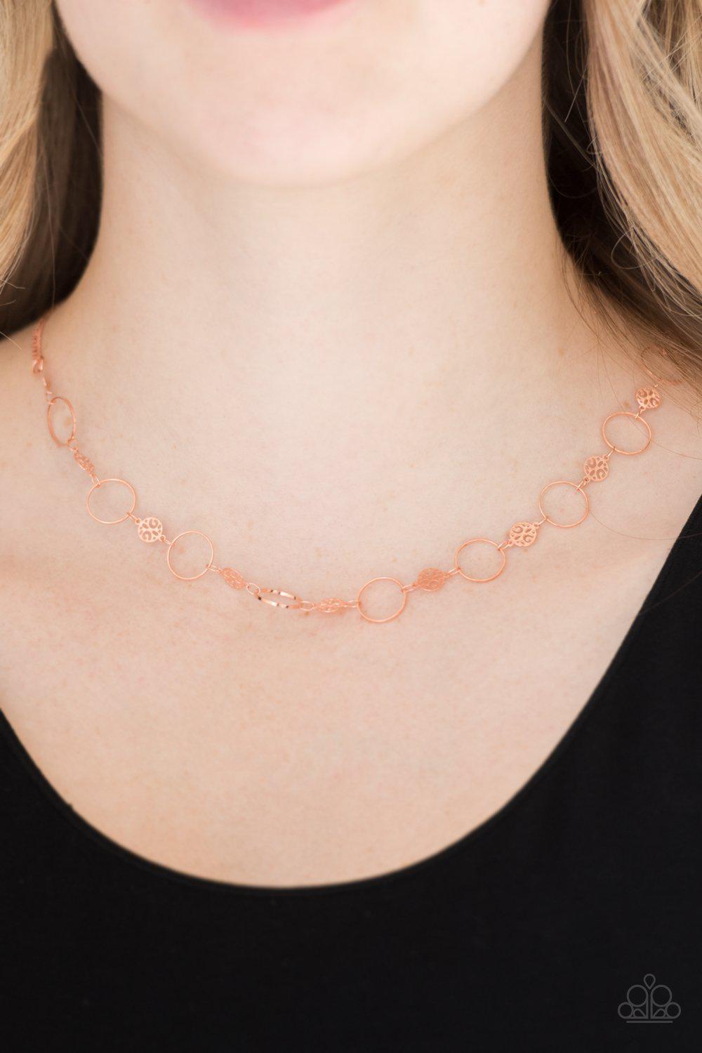 Demurely Dainty Shiny Copper Necklace - Paparazzi Accessories- on model - CarasShop.com - Paparazzi Jewelry by Cara Jewels