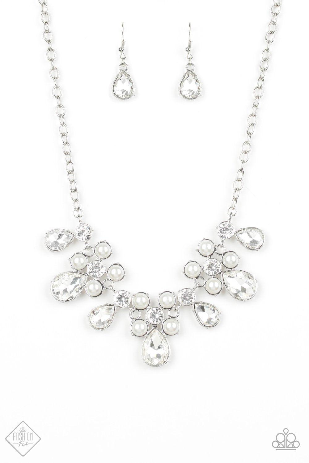 Demurely Debutante White Pearl and Rhinestone Necklace - Paparazzi Accessories- lightbox - CarasShop.com - Paparazzi Jewelry by Cara Jewels