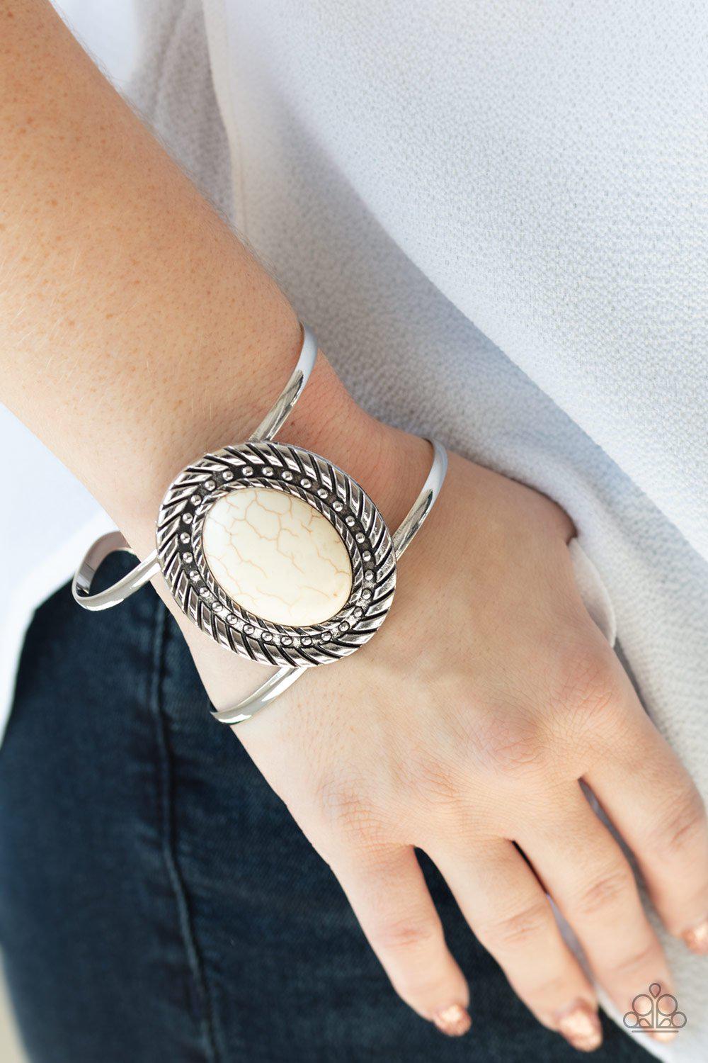 Desert Aura White Stone Cuff Bracelet - Paparazzi Accessories- on model - CarasShop.com - Paparazzi Jewelry by Cara Jewels