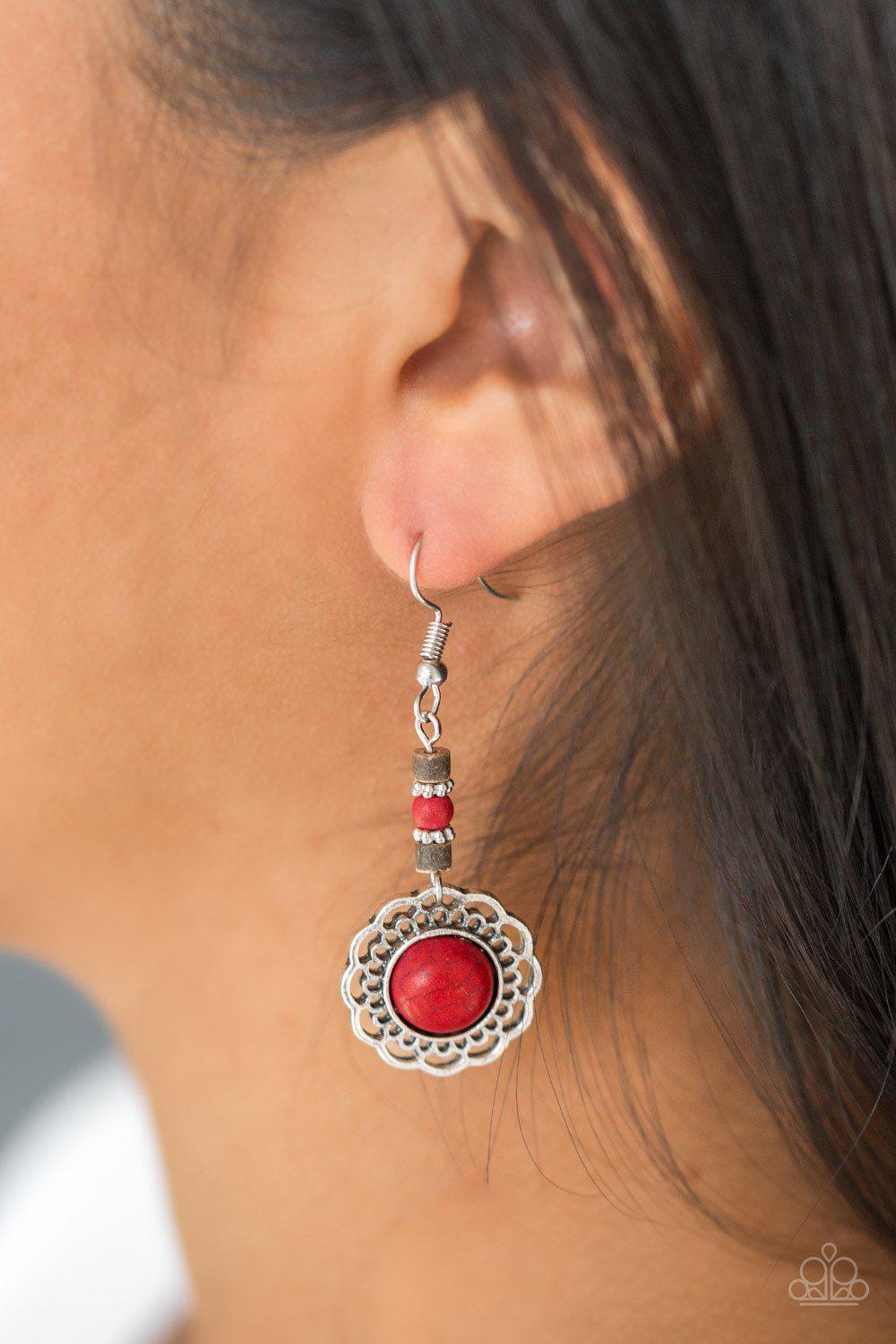 Desert Bliss Red Stone Earrings - Paparazzi Accessories- on model - CarasShop.com - Paparazzi Jewelry by Cara Jewels