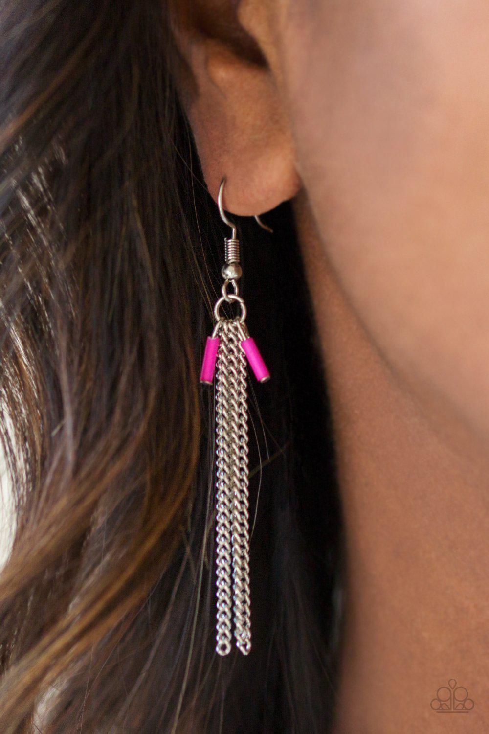 Desert Coyote Long Pink and Silver Fringe Necklace - Paparazzi Accessories - free matching earrings -CarasShop.com - Paparazzi Jewelry by Cara Jewels