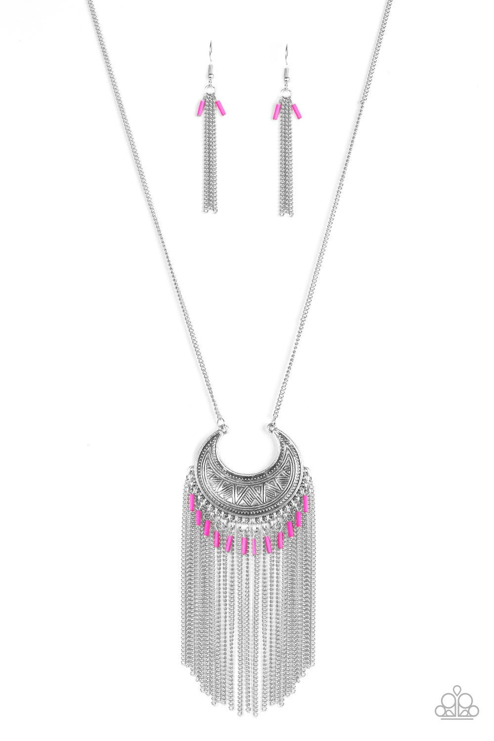 Desert Coyote Long Pink and Silver Fringe Necklace - Paparazzi Accessories- lightbox - CarasShop.com - Paparazzi Jewelry by Cara Jewels