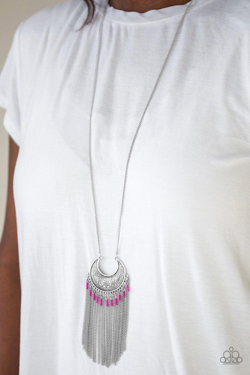 Desert Coyote Long Pink and Silver Fringe Necklace - Paparazzi Accessories- on model - CarasShop.com - Paparazzi Jewelry by Cara Jewels