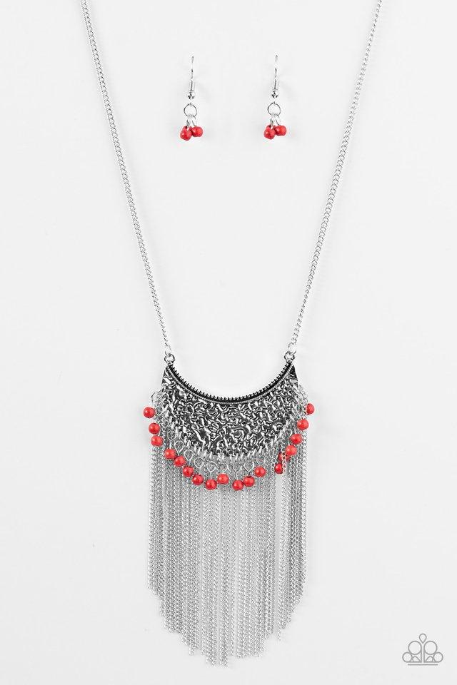 Desert Dancer Long Red and Silver Fringe Necklace - Paparazzi Accessories- lightbox - CarasShop.com - Paparazzi Jewelry by Cara Jewels