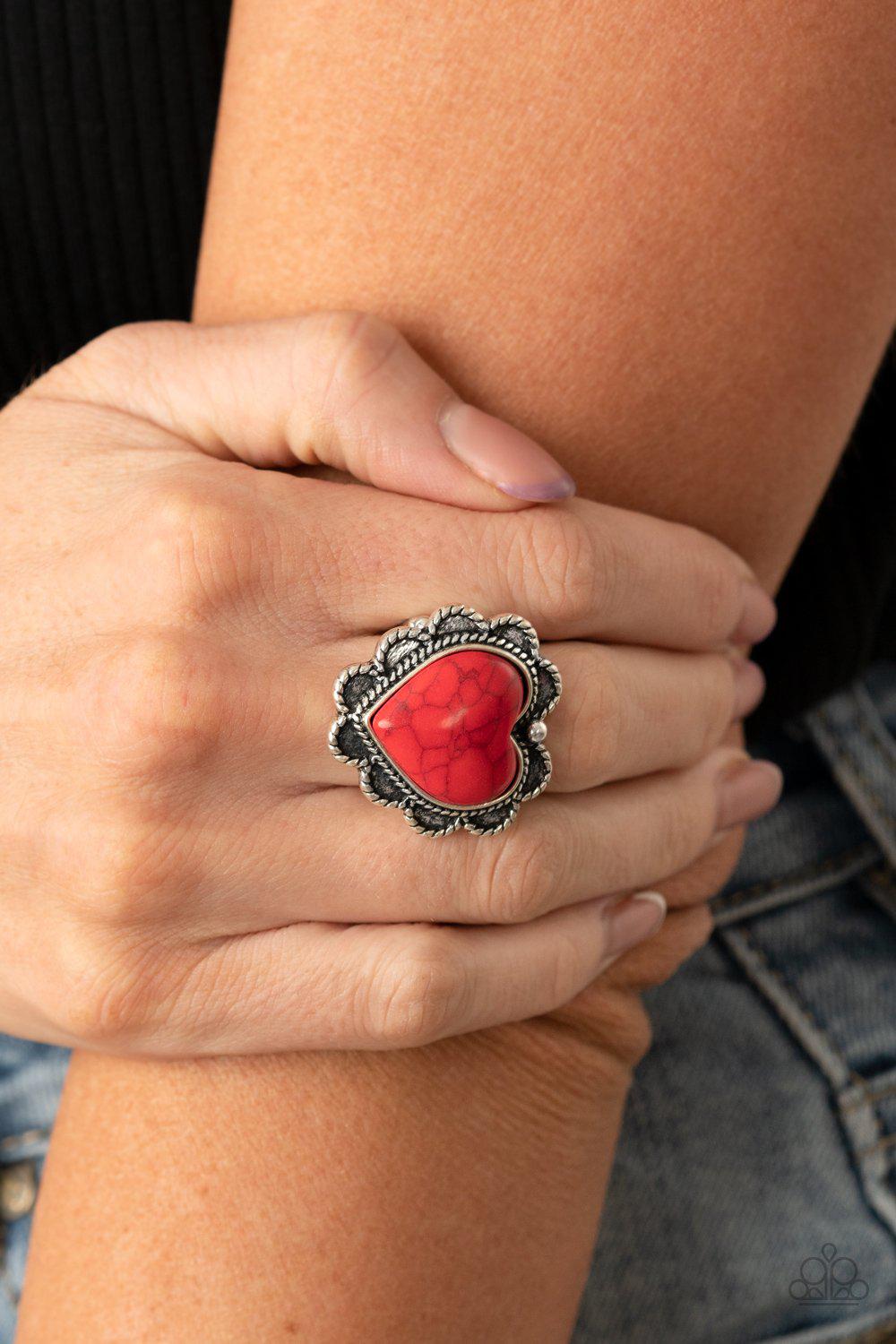 Desert Desire Red Stone Heart Ring - Paparazzi Accessories- on model - CarasShop.com - Paparazzi Jewelry by Cara Jewels