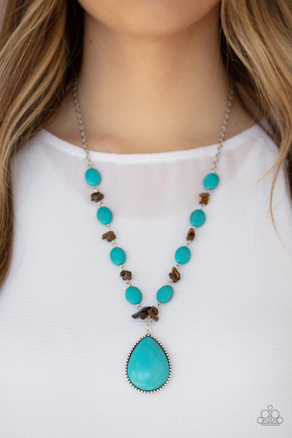 Desert Diva Turquoise Blue and Tiger Eye Stone Necklace - Paparazzi Accessories- on model - CarasShop.com - Paparazzi Jewelry by Cara Jewels