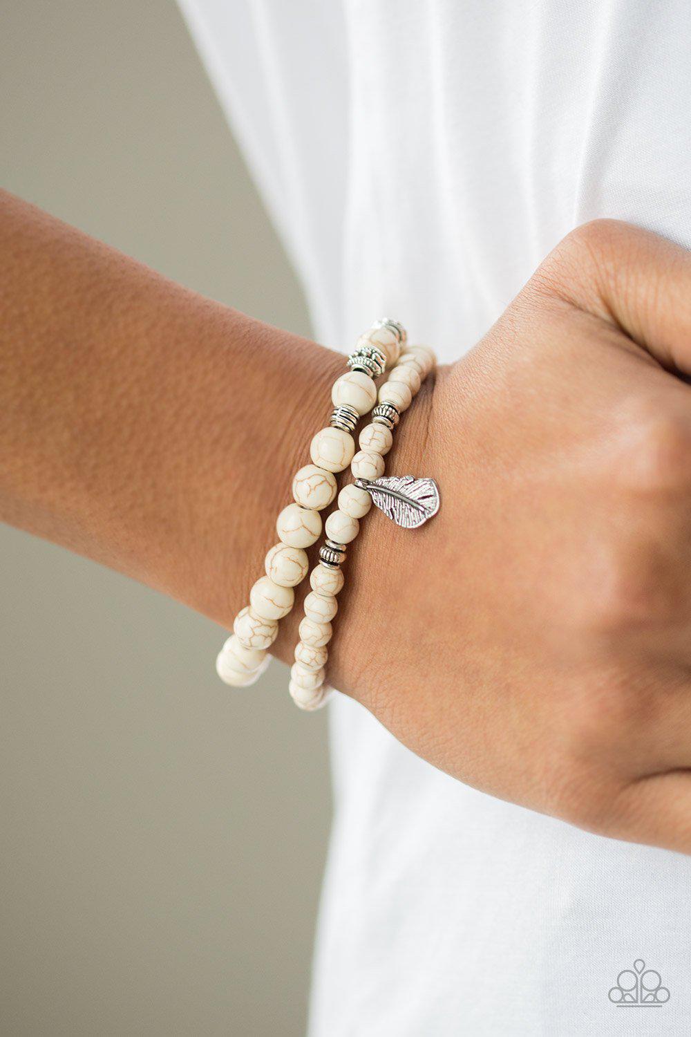 Desert Dove White Stone Bracelet Set - Paparazzi Accessories- on model - CarasShop.com - Paparazzi Jewelry by Cara Jewels