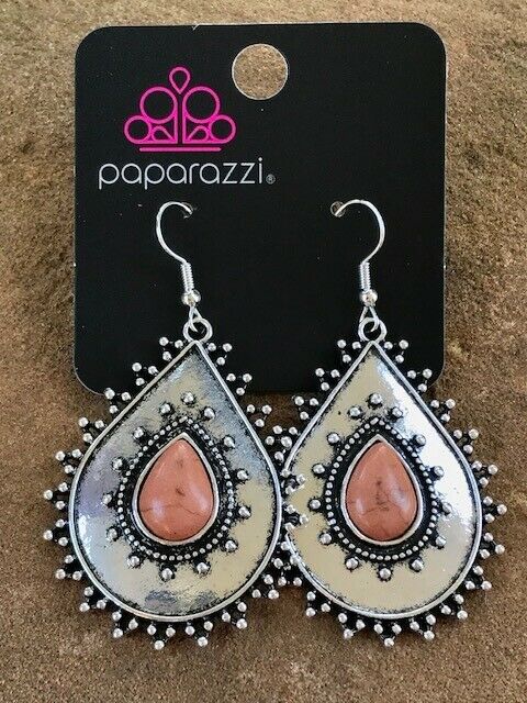 Desert Drama Brown Stone and Silver Earrings - Paparazzi Accessories- lightbox - CarasShop.com - Paparazzi Jewelry by Cara Jewels