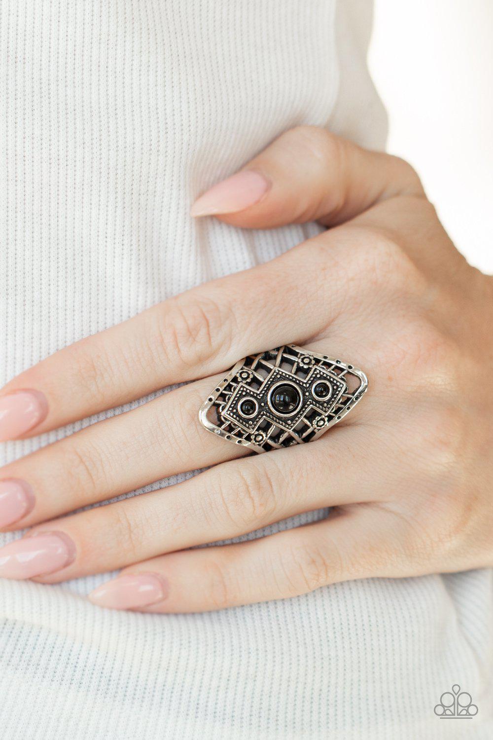 Desert Dreamland Black and Silver Ring - Paparazzi Accessories- on model - CarasShop.com - Paparazzi Jewelry by Cara Jewels