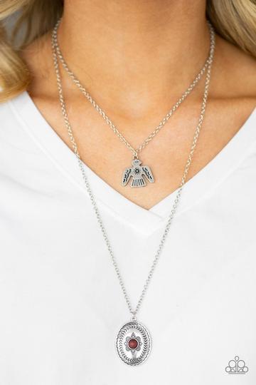 Desert Eagle Silver and Brown Stone Necklace - Paparazzi Accessories- on model - CarasShop.com - Paparazzi Jewelry by Cara Jewels