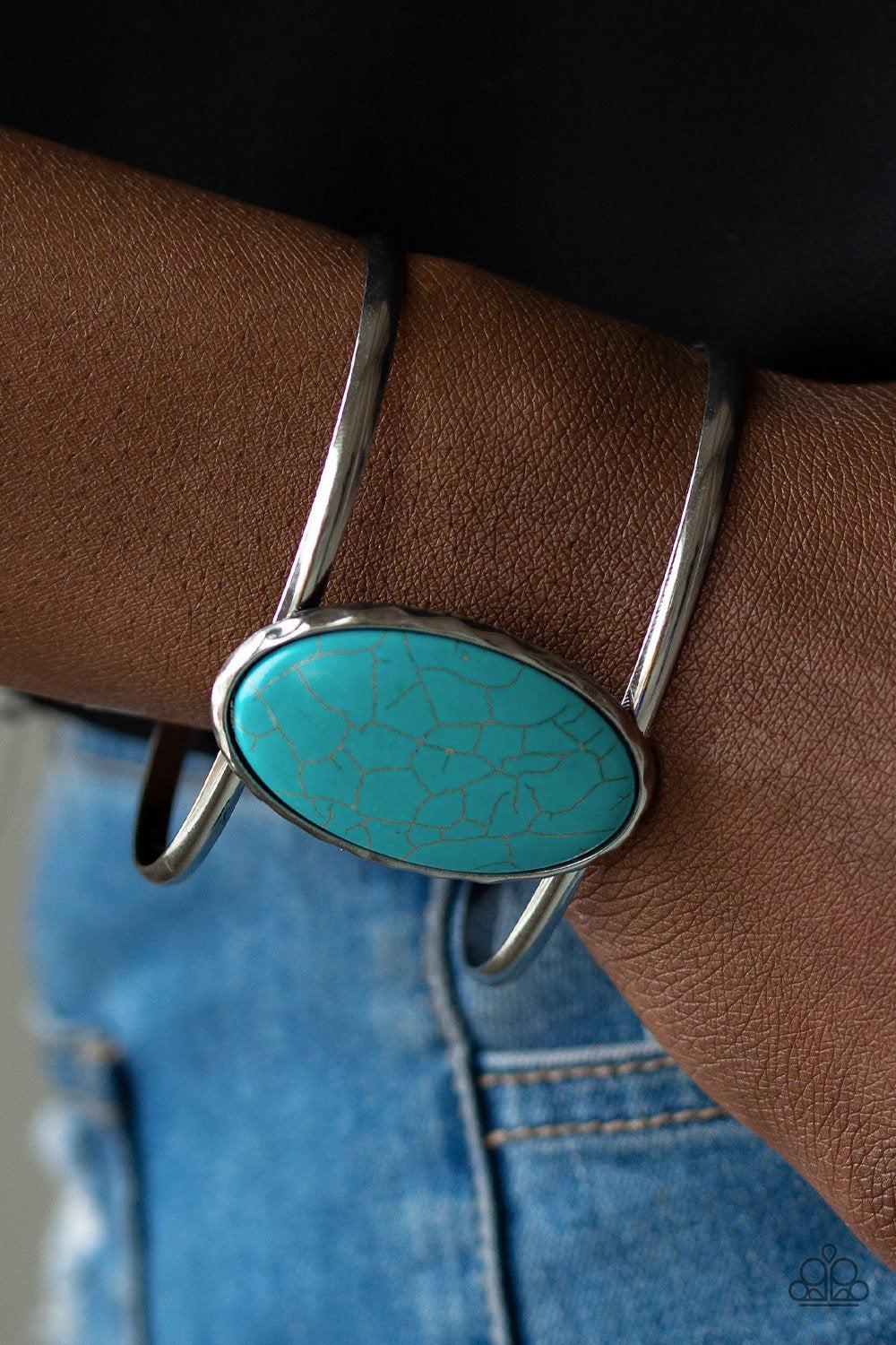 Desert Empress Turquoise Blue Stone Cuff Bracelet - Paparazzi Accessories- on model - CarasShop.com - Paparazzi Jewelry by Cara Jewels
