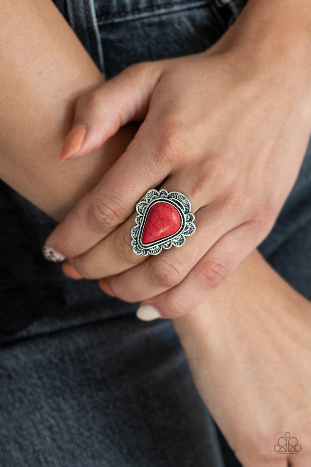 Desert Escape Red Stone and Silver Ring - Paparazzi Accessories- lightbox - CarasShop.com - Paparazzi Jewelry by Cara Jewels