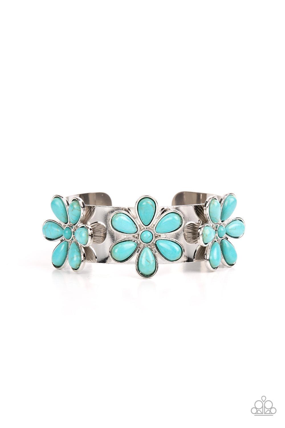 Desert Flower Patch Turquoise Blue Stone Flower Cuff Bracelet - Paparazzi Accessories- lightbox - CarasShop.com - Paparazzi Jewelry by Cara Jewels