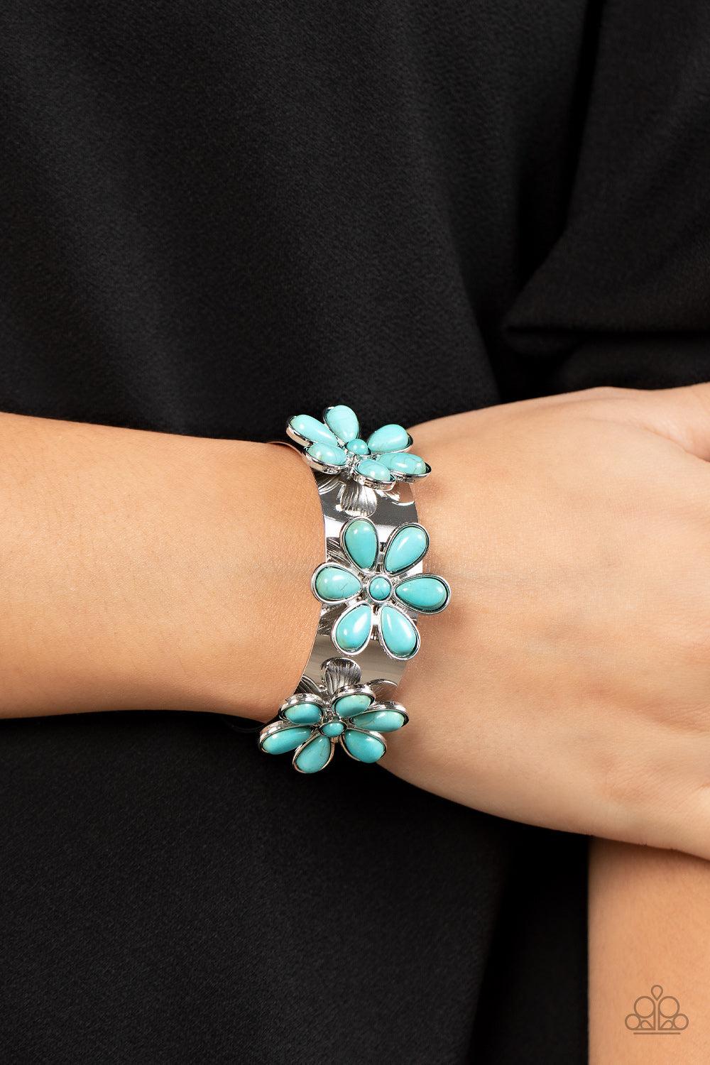 Desert Flower Patch Turquoise Blue Stone Flower Cuff Bracelet - Paparazzi Accessories- on model - CarasShop.com - Paparazzi Jewelry by Cara Jewels