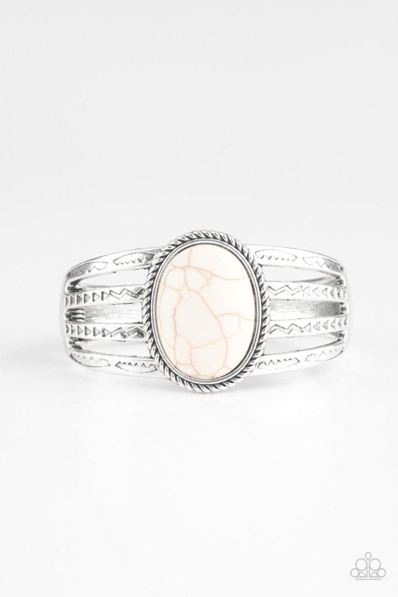 Desert Glyphs White Stone Hinged Cuff Bracelet - Paparazzi Accessories- lightbox - CarasShop.com - Paparazzi Jewelry by Cara Jewels