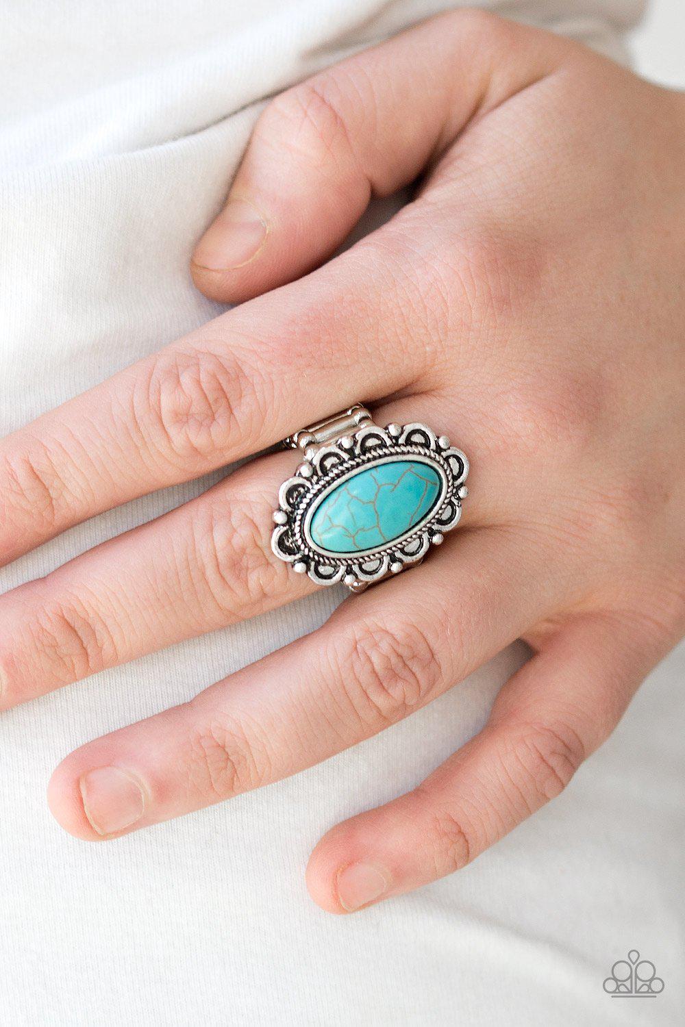 Desert Grotto Silver and Turquoise Blue Stone Ring - Paparazzi Accessories- on model - CarasShop.com - Paparazzi Jewelry by Cara Jewels