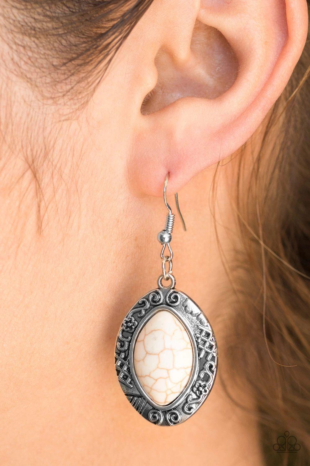 Desert Harvest White Stone Earrings - Paparazzi Accessories- on model - CarasShop.com - Paparazzi Jewelry by Cara Jewels