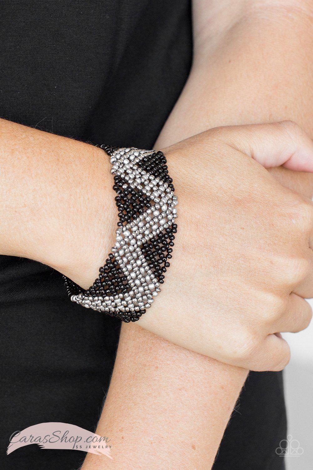 Desert Loom Black and Silver Seed Bead Stretch Bracelet - Paparazzi Accessories- on model - CarasShop.com - Paparazzi Jewelry by Cara Jewels