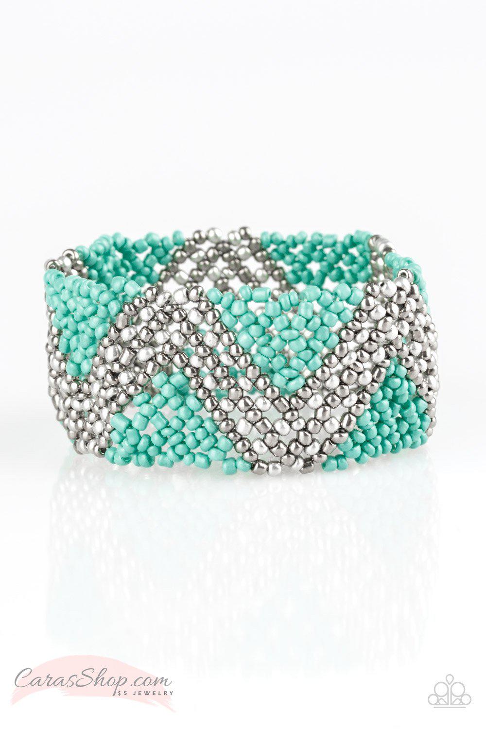 Desert Loom Blue and Silver Seed Bead Stretch Bracelet - Paparazzi Accessories- lightbox - CarasShop.com - Paparazzi Jewelry by Cara Jewels