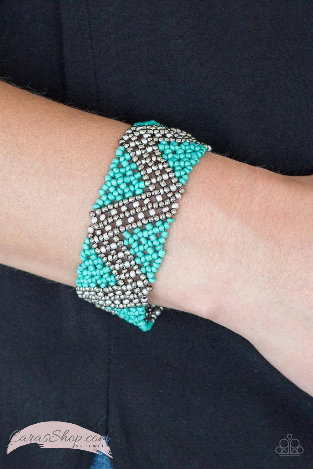 Desert Loom Blue and Silver Seed Bead Stretch Bracelet - Paparazzi Accessories- on model - CarasShop.com - Paparazzi Jewelry by Cara Jewels