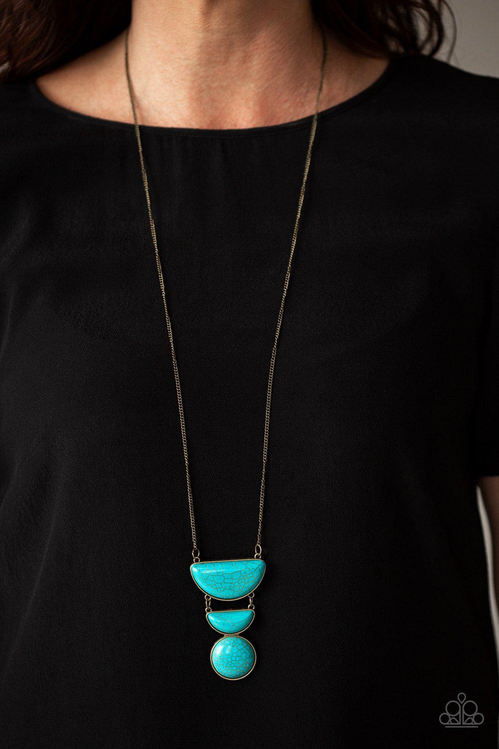 Desert Mason Brass and Turquoise Blue Stone Necklace - Paparazzi Accessories- on model - CarasShop.com - Paparazzi Jewelry by Cara Jewels