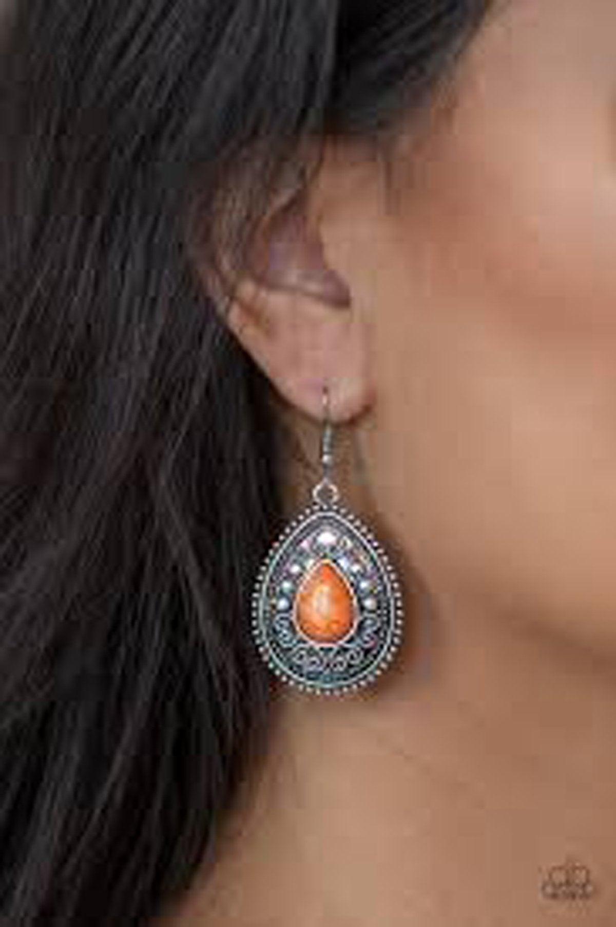 Desert Nirvana Orange Stone Teardrop Earrings - Paparazzi Accessories- on model - CarasShop.com - Paparazzi Jewelry by Cara Jewels