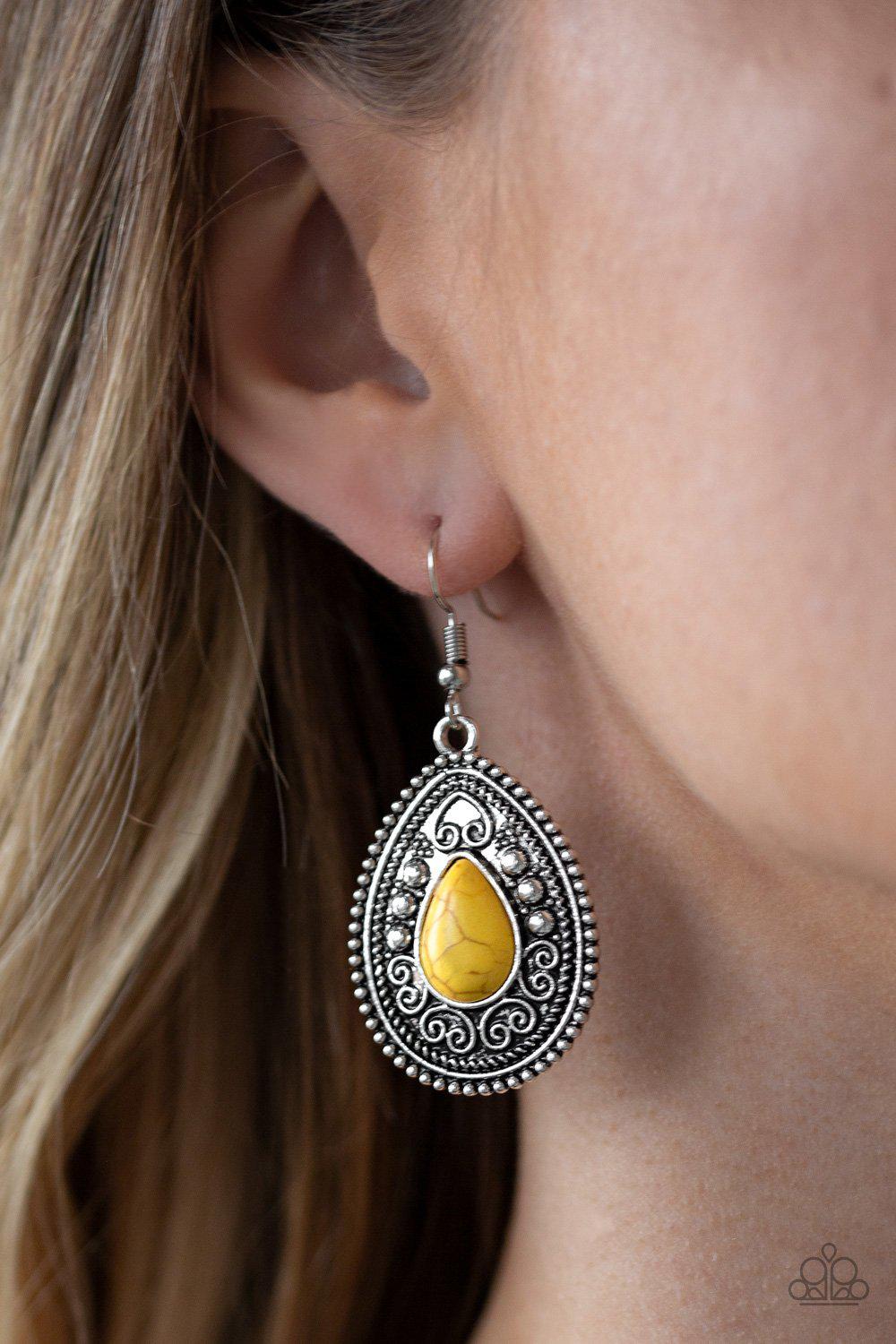 Desert Nirvana Yellow Stone Teardrop Earrings - Paparazzi Accessories- on model - CarasShop.com - Paparazzi Jewelry by Cara Jewels