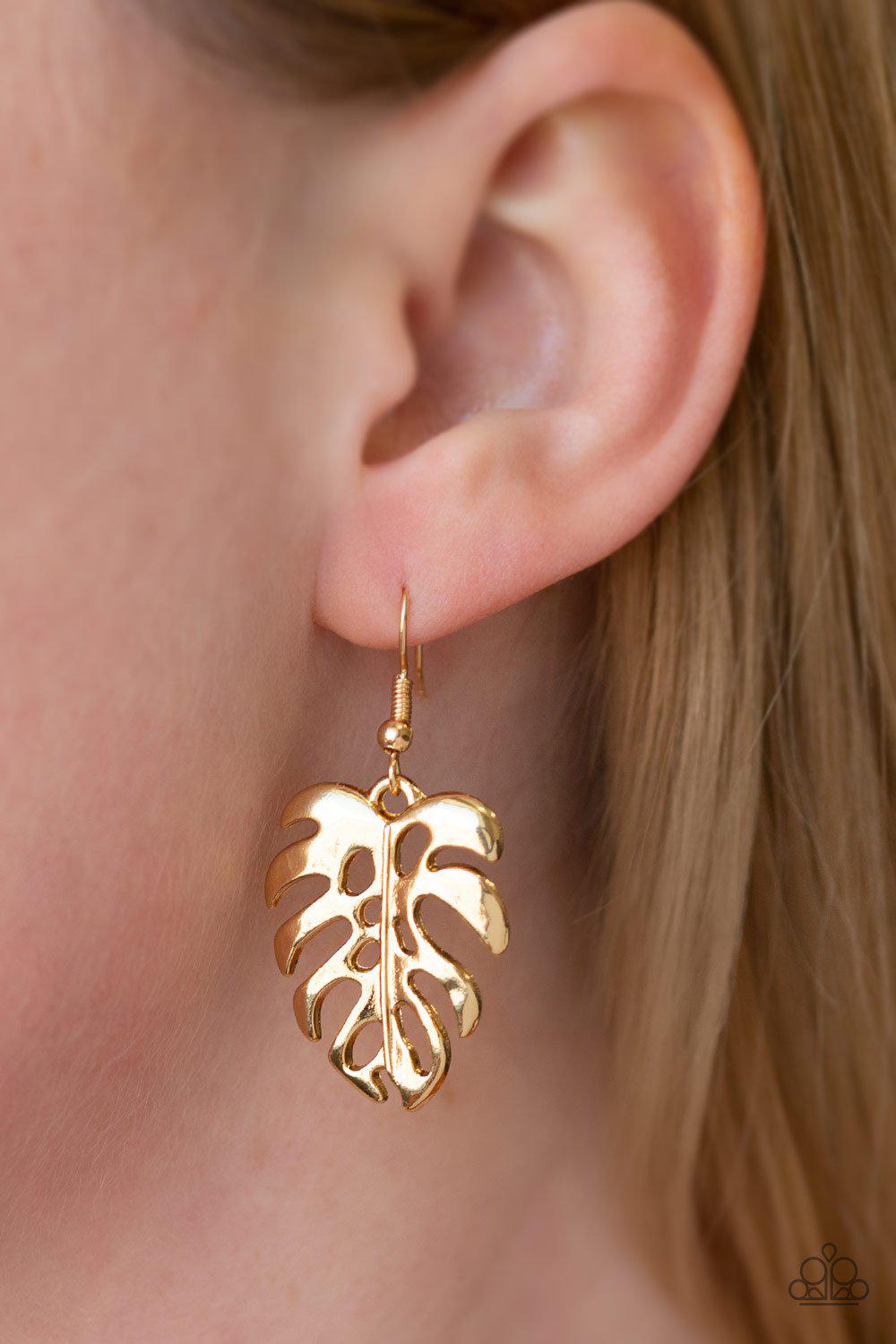 Desert Palms Gold Earrings - Paparazzi Accessories- on model - CarasShop.com - Paparazzi Jewelry by Cara Jewels