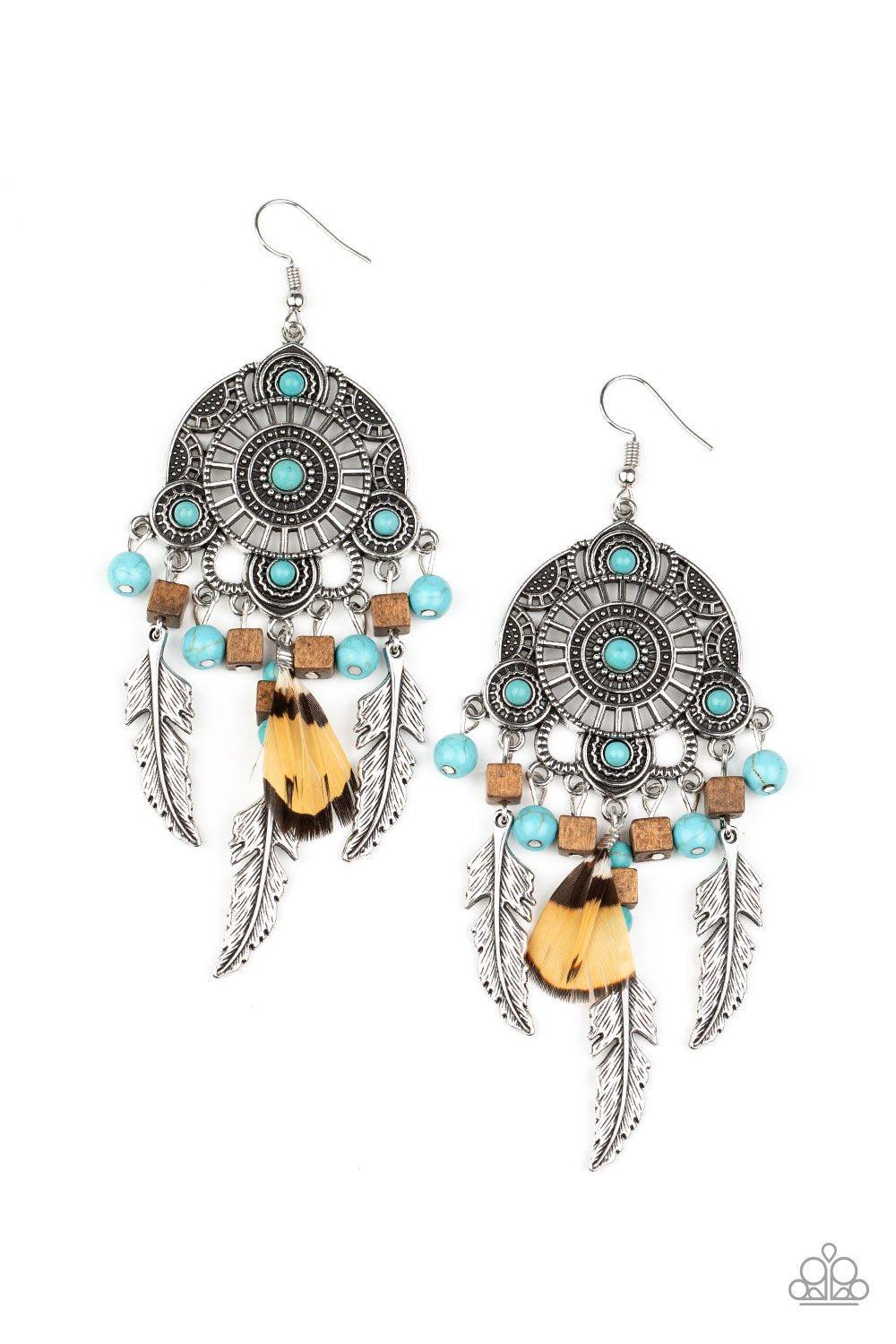 Desert Plains Turquoise Blue and Silver Feather Earrings - Paparazzi Accessories- lightbox - CarasShop.com - Paparazzi Jewelry by Cara Jewels