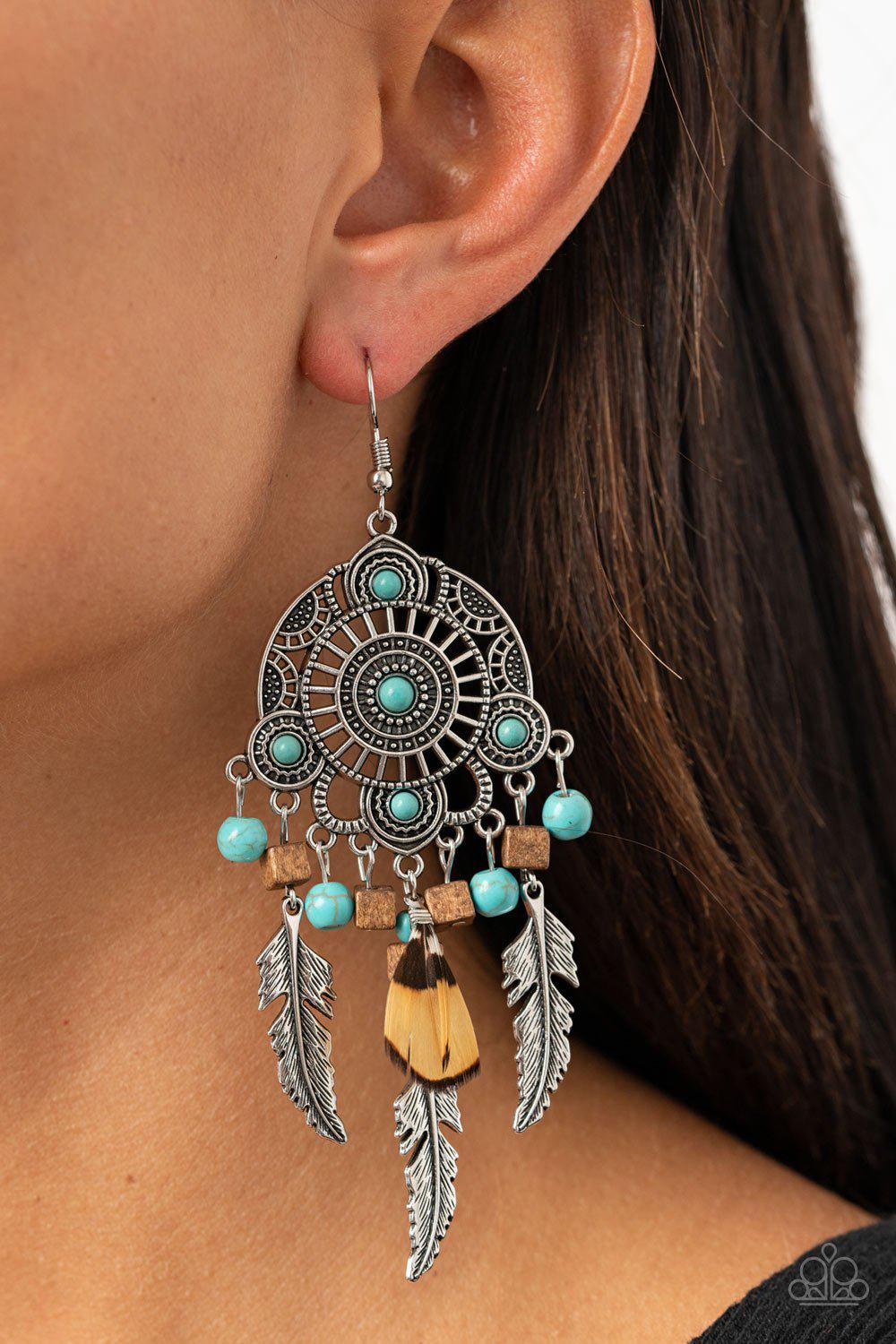 Desert Plains Turquoise Blue and Silver Feather Earrings - Paparazzi Accessories- on model - CarasShop.com - Paparazzi Jewelry by Cara Jewels