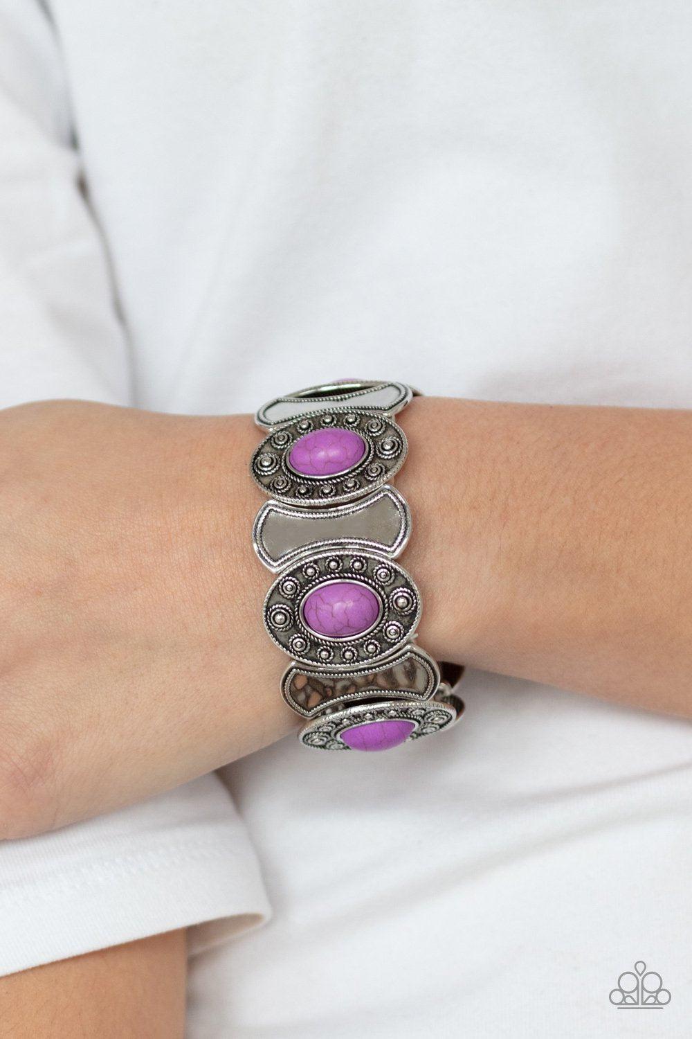 Desert Relic Purple Stone and Silver Bracelet - Paparazzi Accessories- on model - CarasShop.com - Paparazzi Jewelry by Cara Jewels