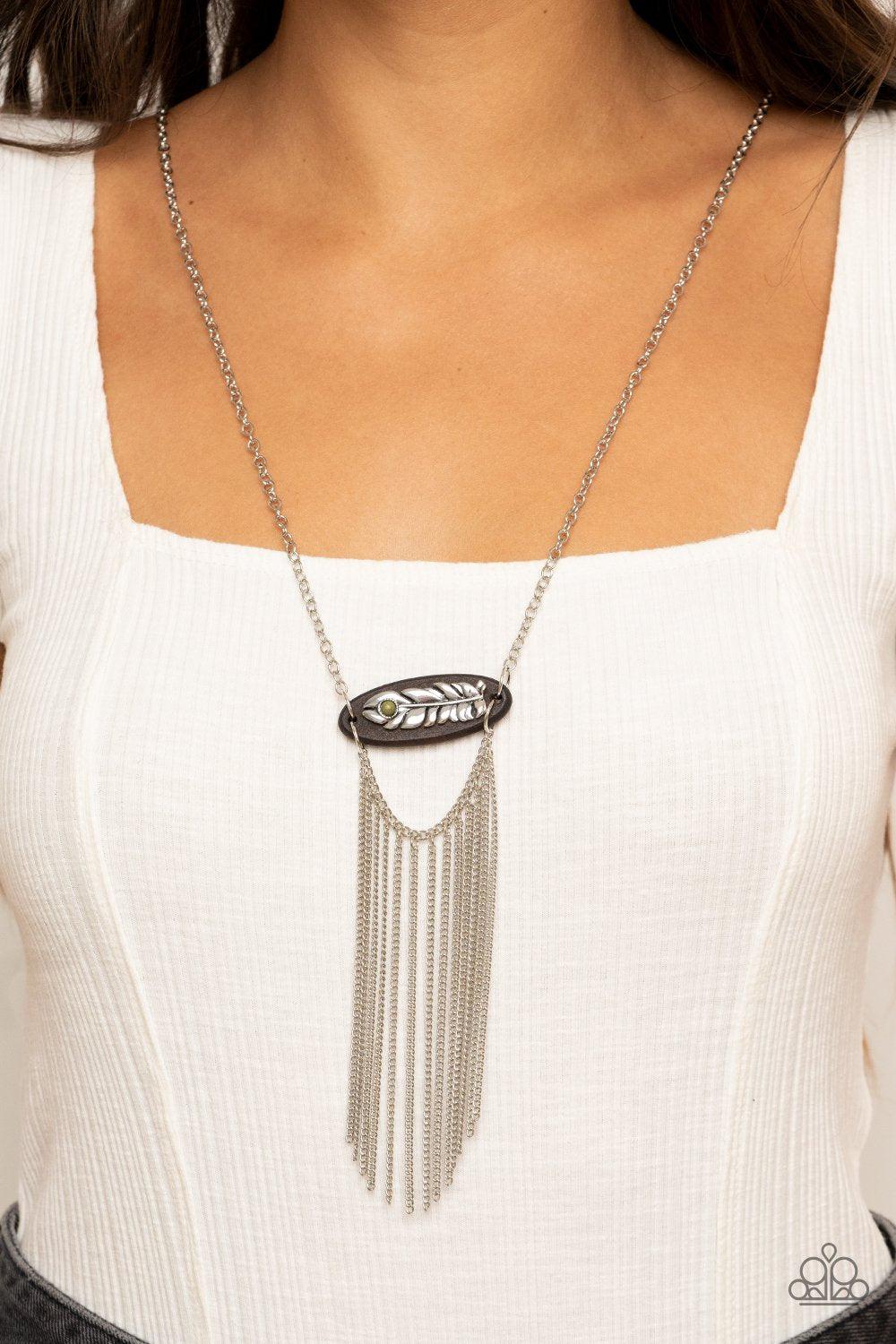 Desert Spirit Green Stone and Silver Fringe Necklace - Paparazzi Accessories- on model - CarasShop.com - Paparazzi Jewelry by Cara Jewels