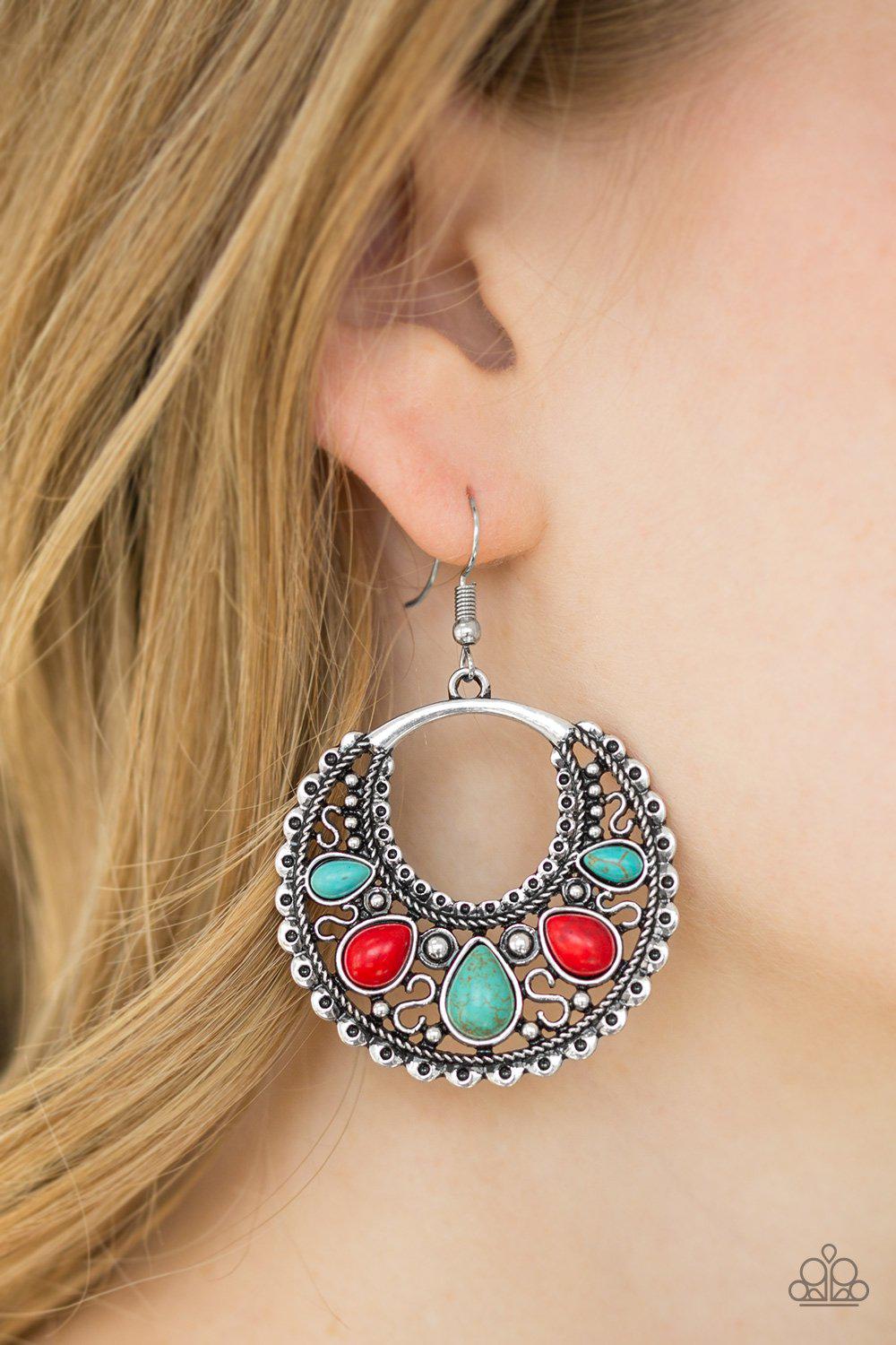 Desert Springs Multi Red and Blue Stone Earrings - Paparazzi Accessories- on model - CarasShop.com - Paparazzi Jewelry by Cara Jewels