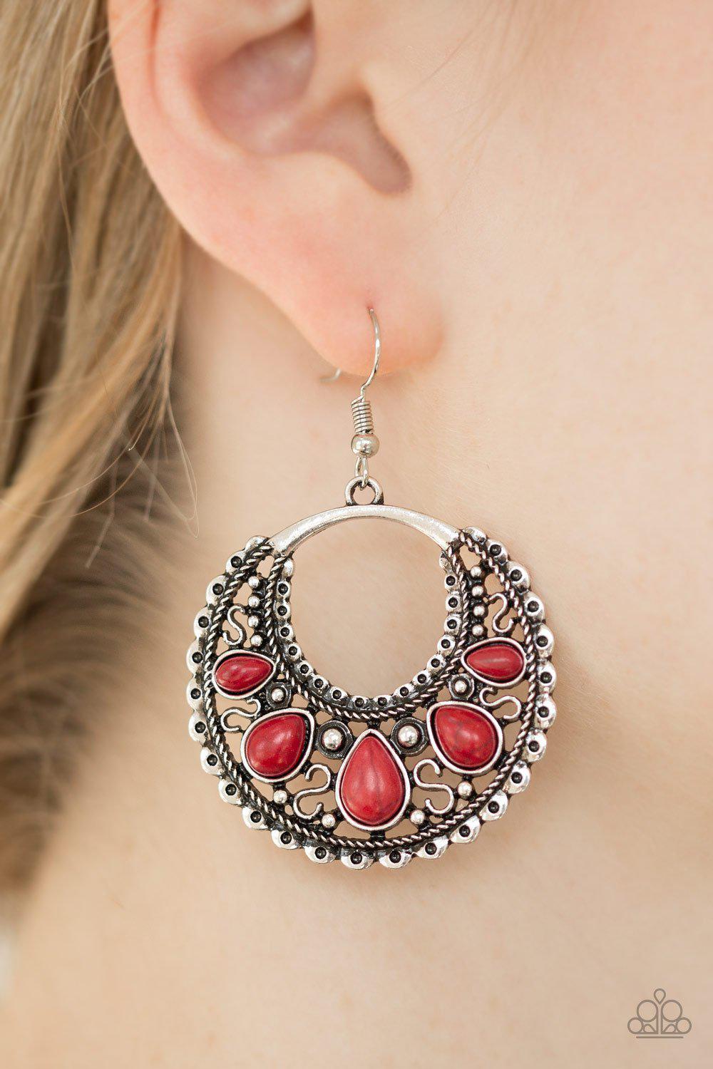 Desert Springs Red Stone Earrings - Paparazzi Accessories- on model - CarasShop.com - Paparazzi Jewelry by Cara Jewels