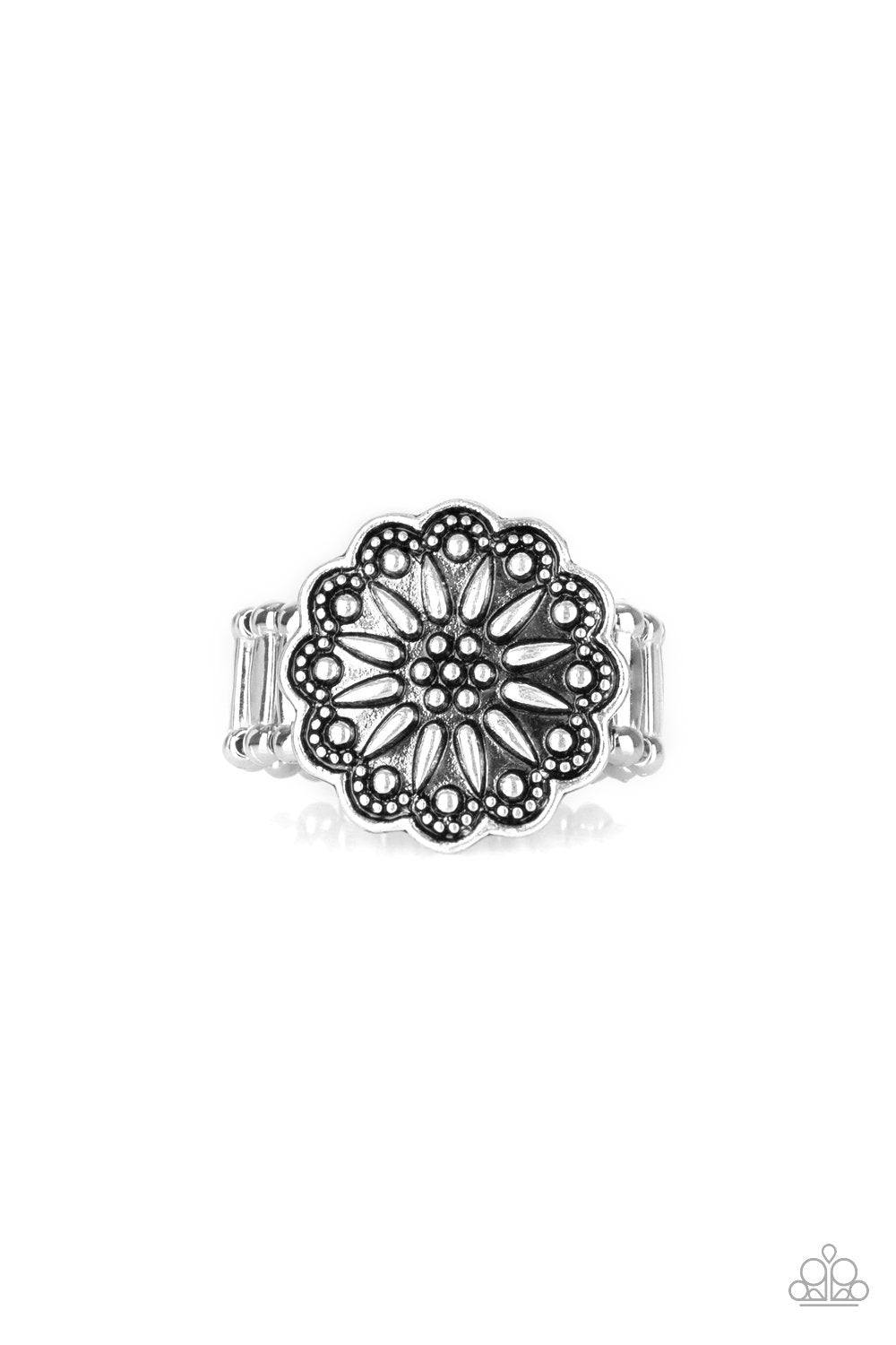 Desert Sunflower Silver Flower Ring - Paparazzi Accessories- lightbox - CarasShop.com - Paparazzi Jewelry by Cara Jewels