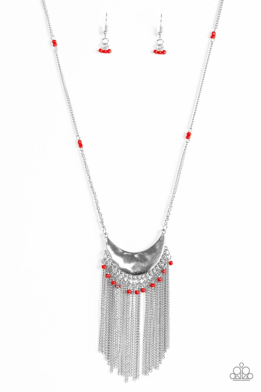 Desert Trance Long Red and Silver Fringe Necklace - Paparazzi Accessories- lightbox - CarasShop.com - Paparazzi Jewelry by Cara Jewels