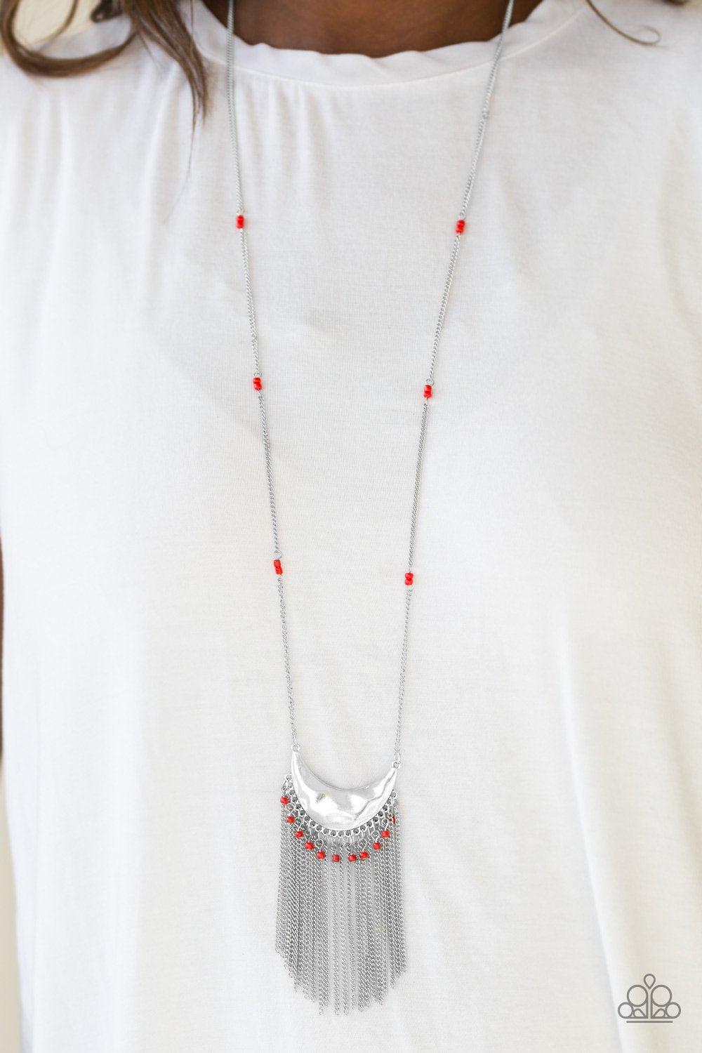 Desert Trance Long Red and Silver Fringe Necklace - Paparazzi Accessories- on model - CarasShop.com - Paparazzi Jewelry by Cara Jewels