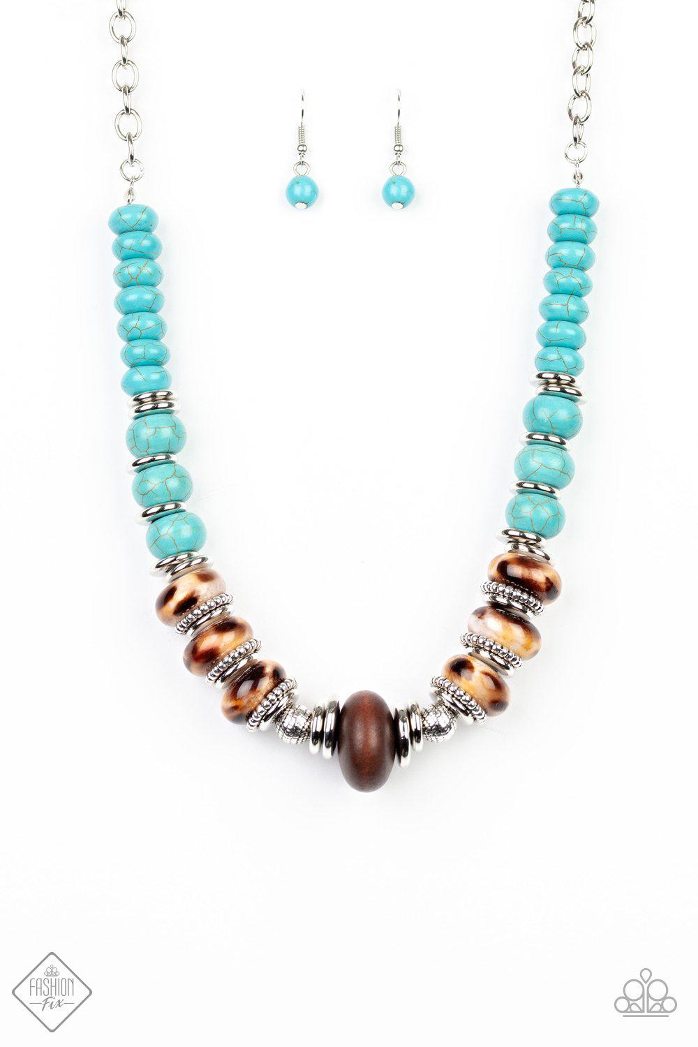 Desert Tranquility Turquoise Blue Stone, Ceramic and Wood Bead Necklace - Paparazzi Accessories- lightbox - CarasShop.com - Paparazzi Jewelry by Cara Jewels