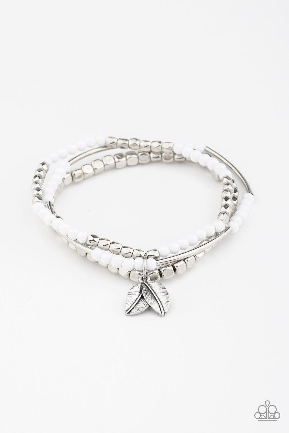 Desert Wanderer White and Silver Leaf Charm Bracelet - Paparazzi Accessories- lightbox - CarasShop.com - Paparazzi Jewelry by Cara Jewels