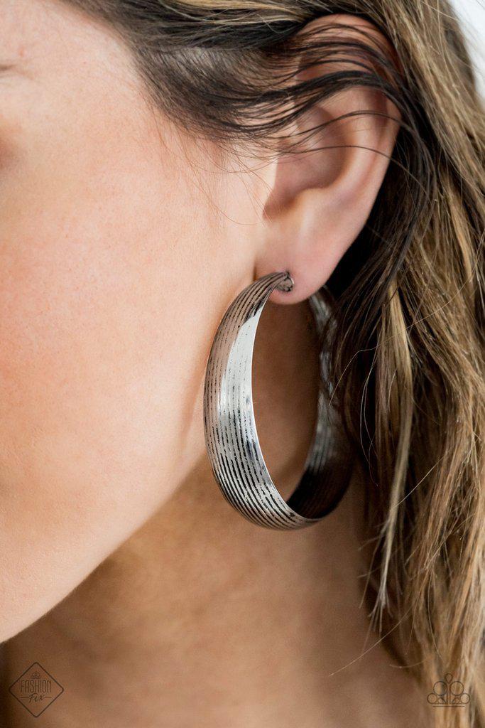 Desert Wanderings Silver Hoop Earrings - Paparazzi Accessories- on model - CarasShop.com - Paparazzi Jewelry by Cara Jewels