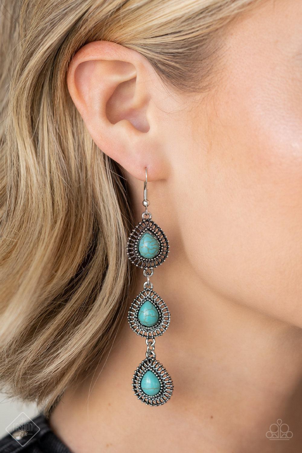 Desertscape Dweller Turquoise Blue Teardrop Earrings - Paparazzi Accessories- on model - CarasShop.com - Paparazzi Jewelry by Cara Jewels