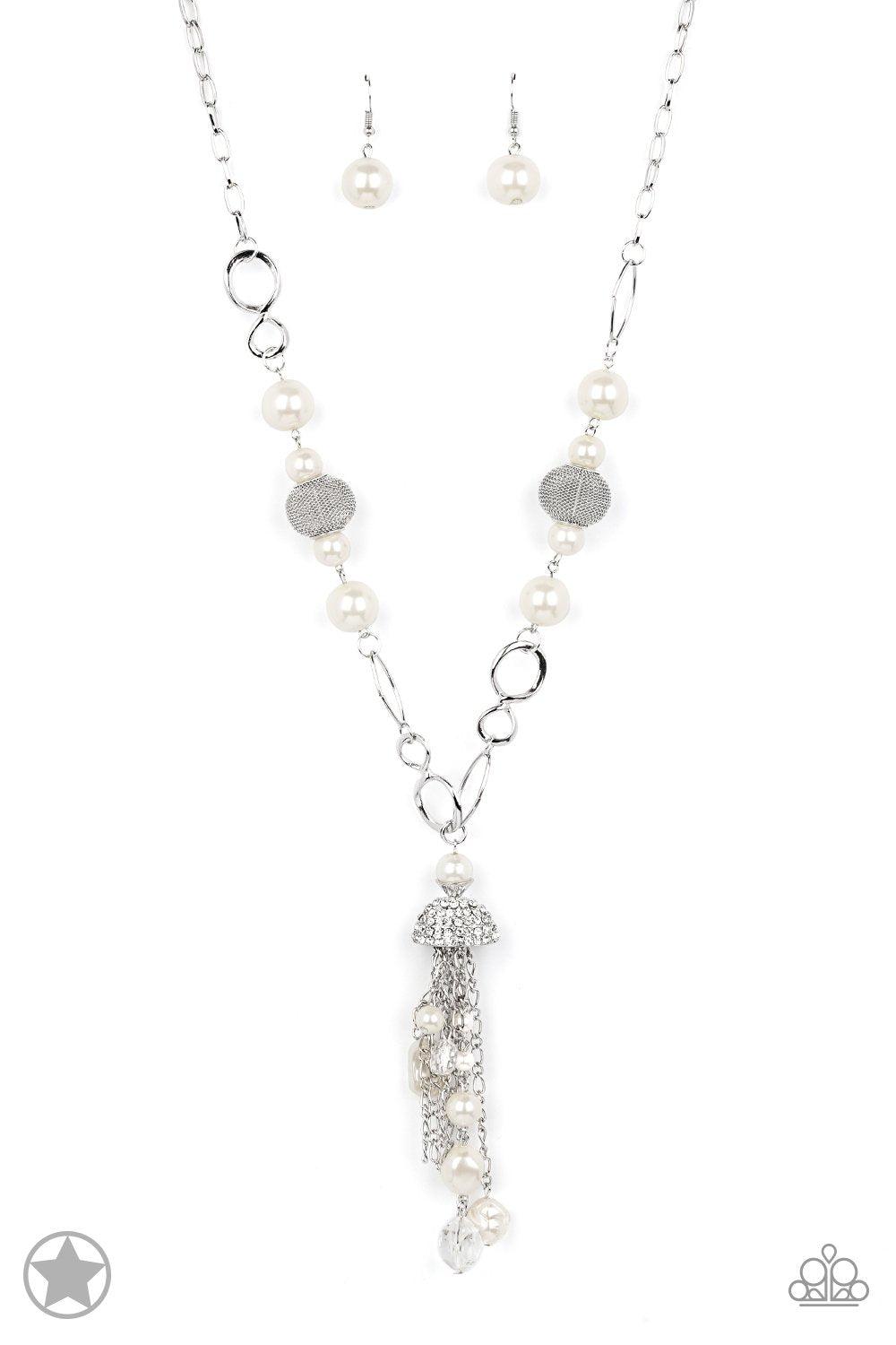 Designated Diva Long White Tassel Necklace and matching Earrings - Paparazzi Accessories- lightbox - CarasShop.com - Paparazzi Jewelry by Cara Jewels