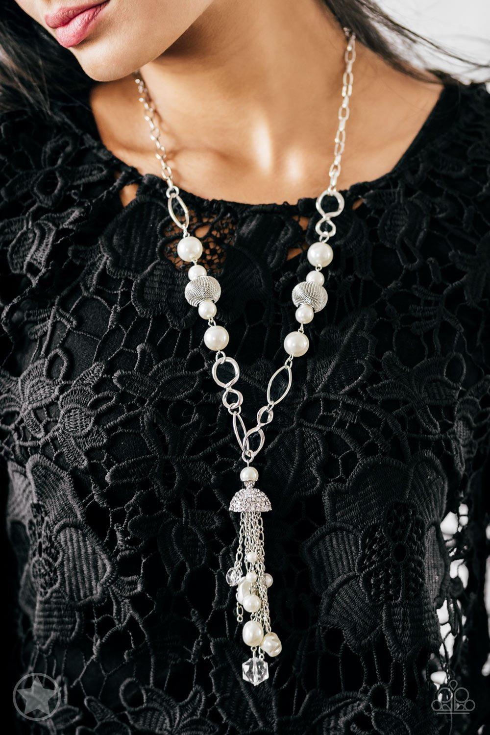 Designated Diva Long White Tassel Necklace and matching Earrings - Paparazzi Accessories - model -CarasShop.com - Paparazzi Jewelry by Cara Jewels