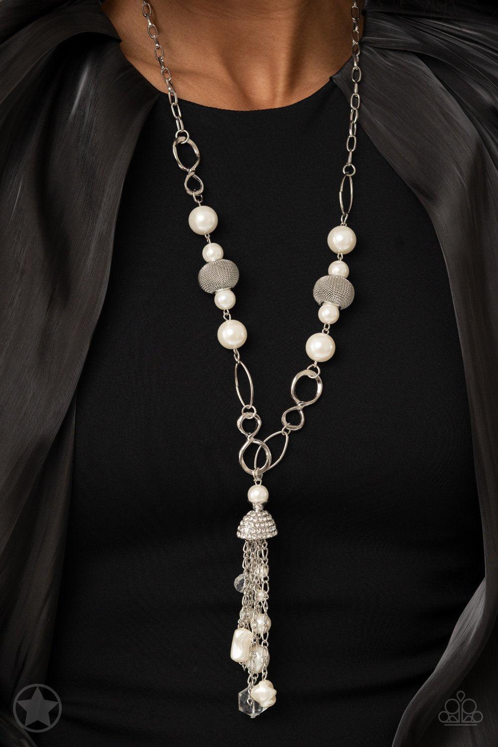 Designated Diva Long White Tassel Necklace and matching Earrings - Paparazzi Accessories- lightbox - CarasShop.com - Paparazzi Jewelry by Cara Jewels